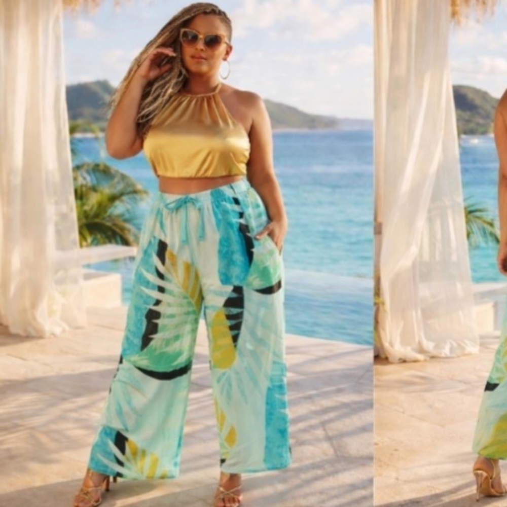 ✨Nwt Stars Above Blue Leaf Pajama Pants Bottoms High Waist Wide Leg Palazzo Cool